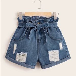 Ripped Paperbag Waist Belted Denim Shorts